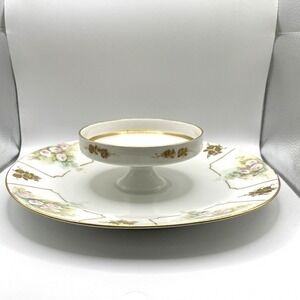 T&V Limoges 2 Tier Moriage Gold Caviar Serving Dish Platter Hand Painted Flowers